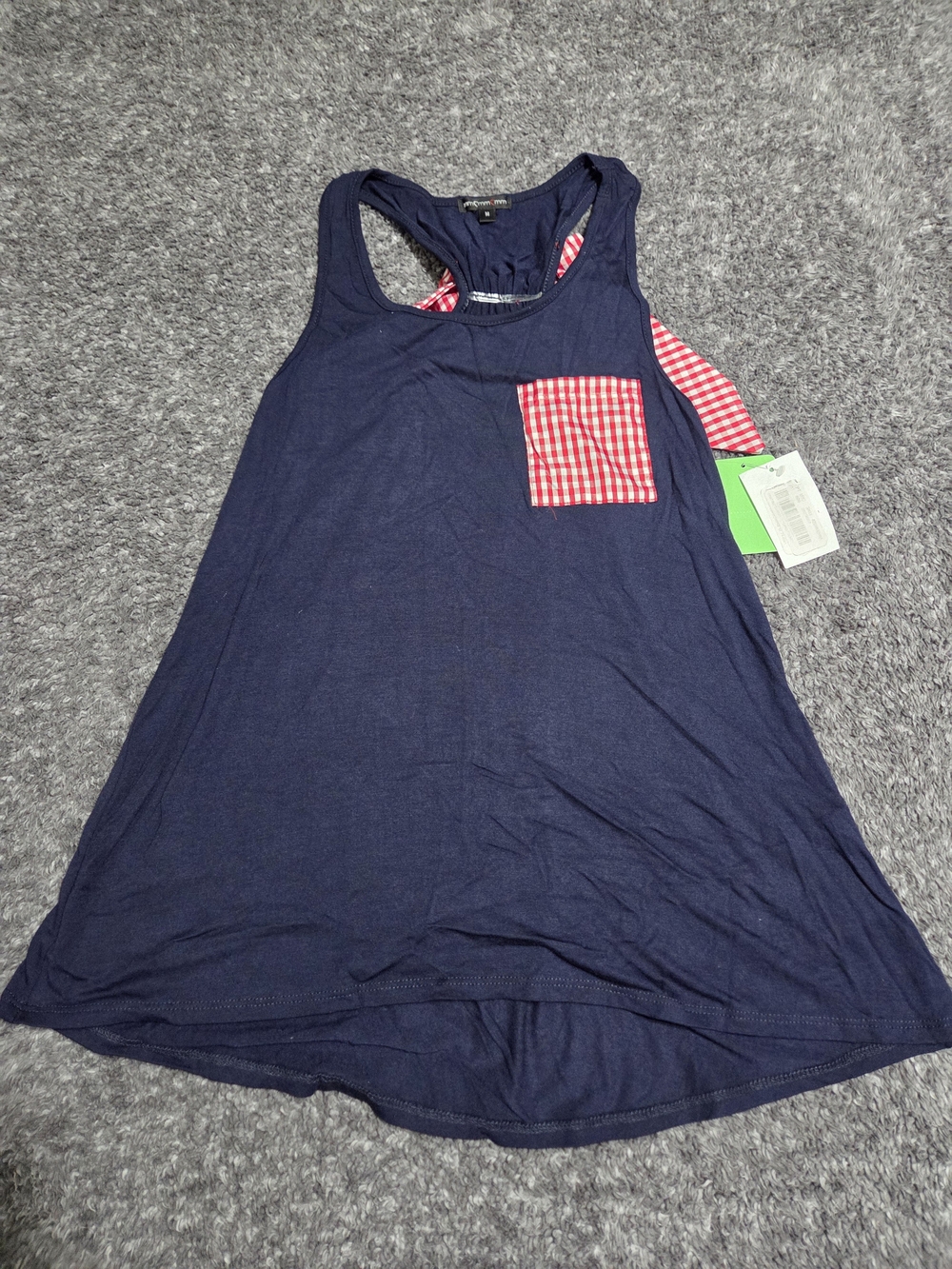 Sleeveless Navy Tank Top with Red Gingham Pocket